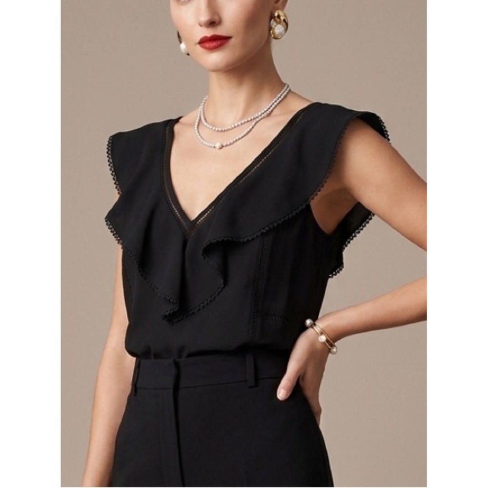 Sezane Ruffle V-Neck Top Womens 36 Black Excellent Lace Trim Parisian Chic Top